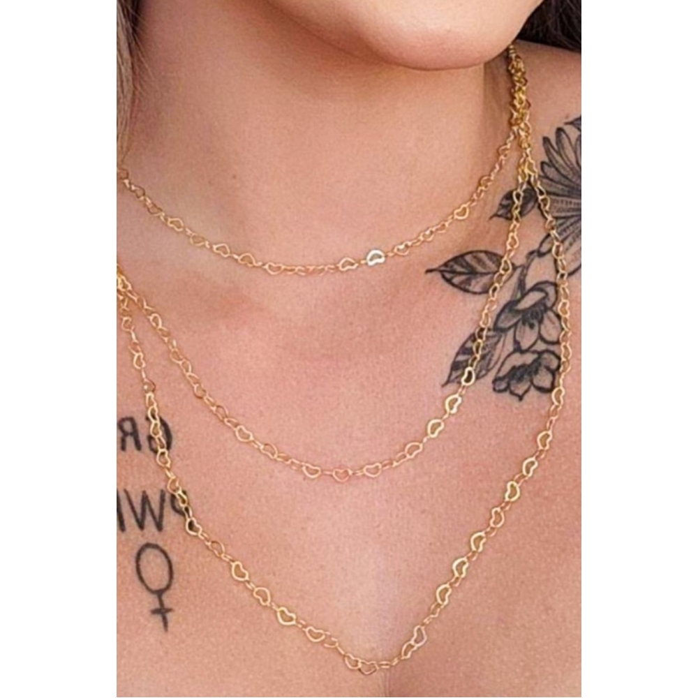 Colar Triplo de Coração Banhado em Ouro 18k
