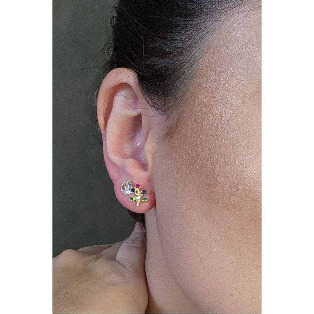 Brinco Mini Árvore Com Zircônias Colorida Banhado em Ouro 18k