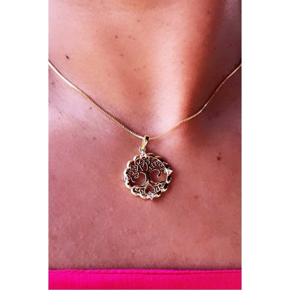 Colar Pingente Árvore da Vida com Zircônia Banhado em Ouro 18k