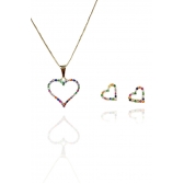Conjunto Corações com Zircônia Colorida Banhado em Ouro 18k