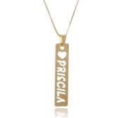 Colar Personalizado Retangular com Coração e Nome Vazado Folheado em Ouro 18K