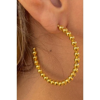 Brinco Argola Grande de Bolinha Dourada Banhado em Ouro 18k