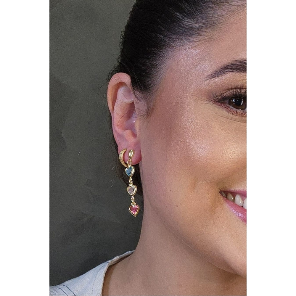 Brinco de Corações com Pedras Coloridas Banhado em Ouro 18k