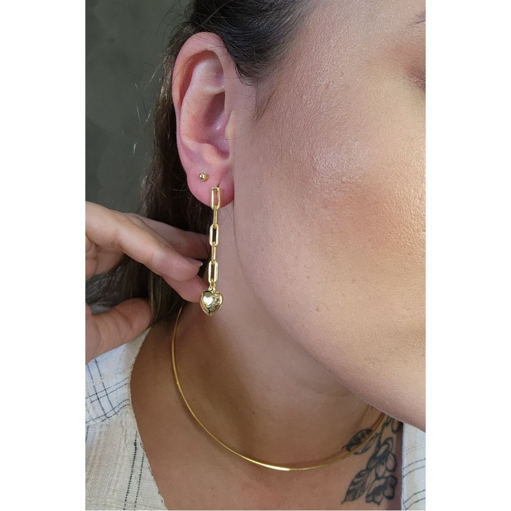 Brinco Argolinha com Corrente e Coração Banhado em Ouro 18k