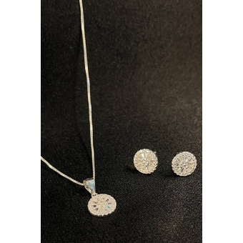 Conjunto Círculo Trabalhado com Zircônia em Prata 925