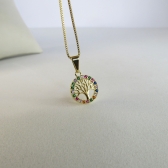 Colar Com Pingente De Circulo Da Árvore Da Vida Com Zircônia Colorida Banhado em Ouro 18k