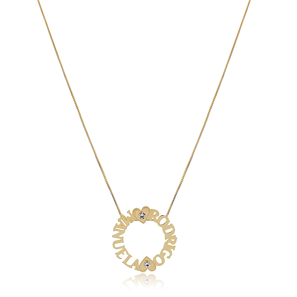 Colar Personalizado com Nomes Filhos Coração Zircônia Folheado Ouro