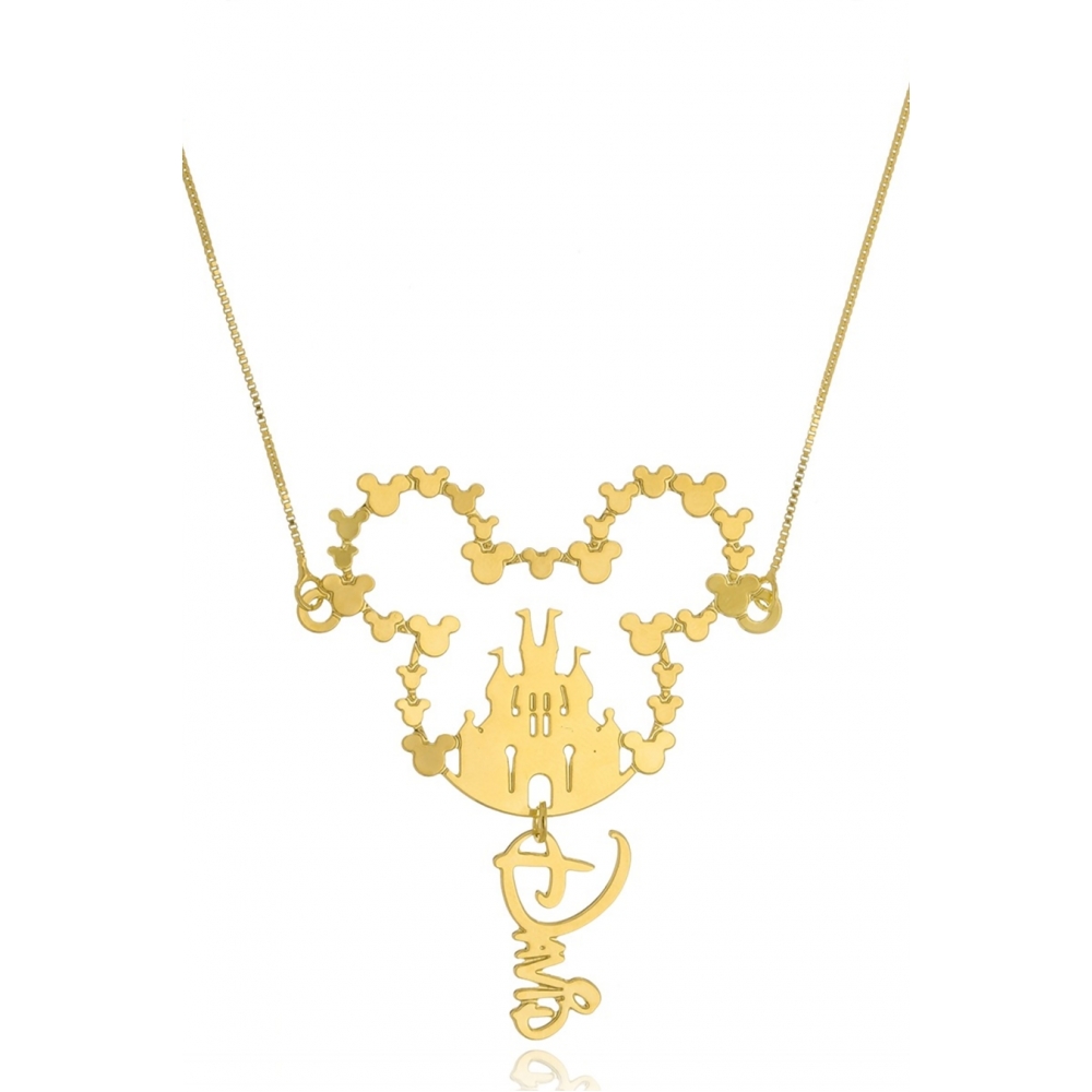 Colar Personalizado Mickey com Castelo e Nome Folheado em Ouro 18k