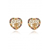 Brinco Coração Com Zircônias Colorida e Árvore da Vida Banhado em Ouro 18k