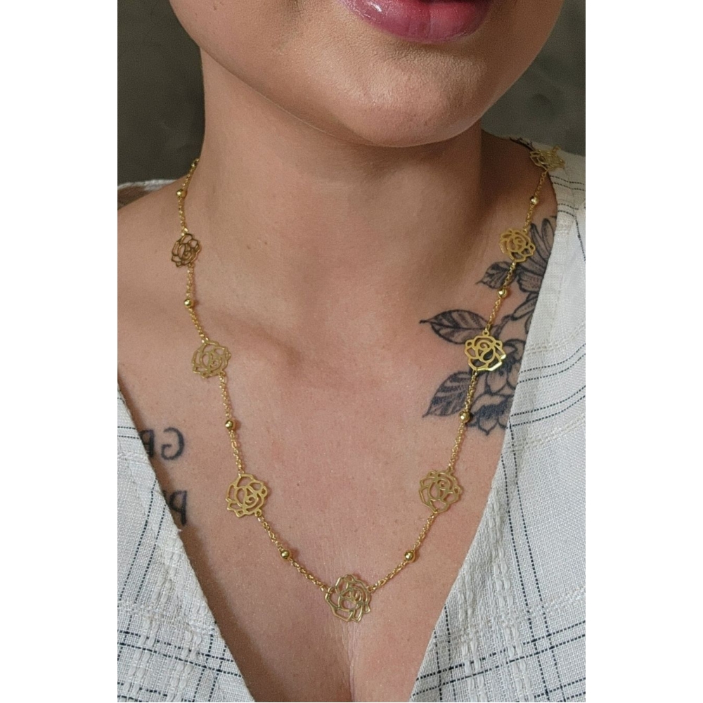 Colar Longo com Bolinha e Flor Banhado em Ouro 18k
