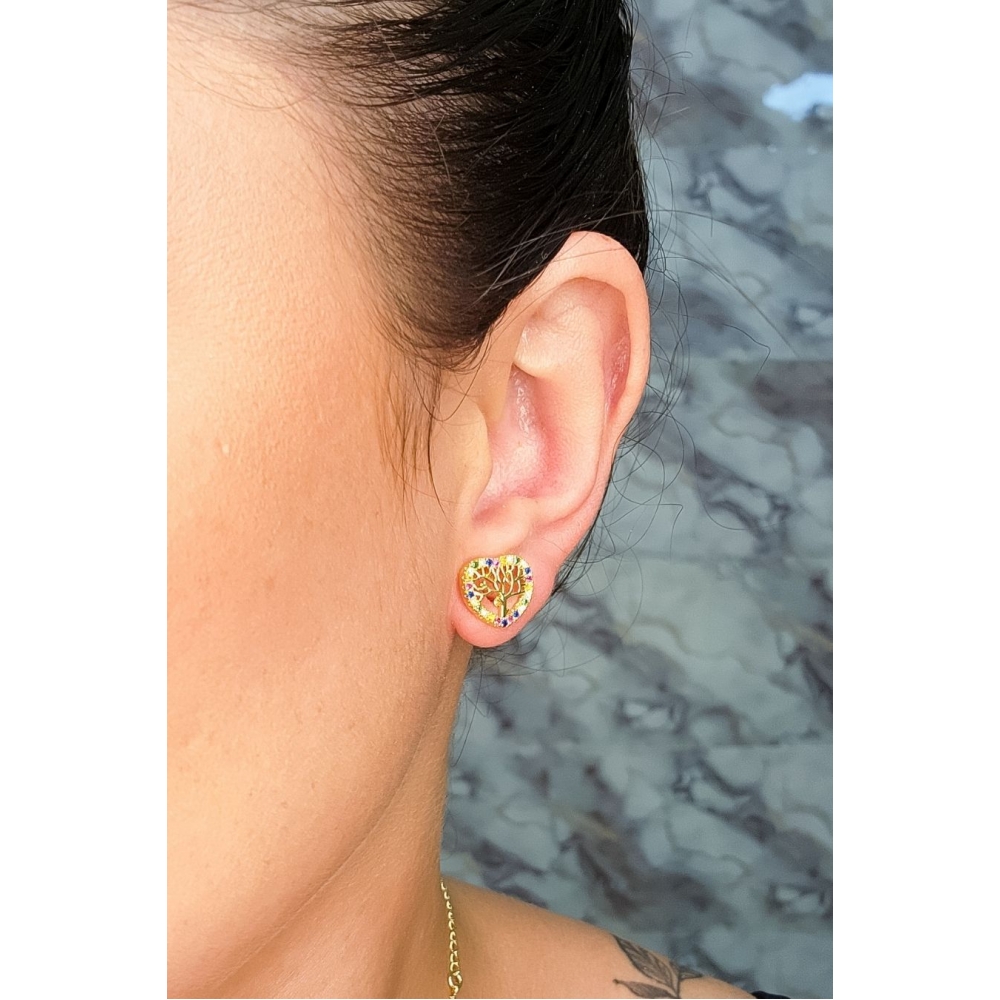 Brinco Coração Com Zircônias Colorida e Árvore da Vida Banhado em Ouro 18k