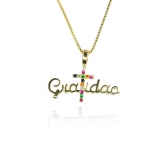 Colar Pingente Gratidão Cruz Colorida Banhado em Ouro 18k