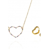 Conjunto de Coração Vazado Cravejado com Zircônias Multicolor Banhado em Ouro 18k