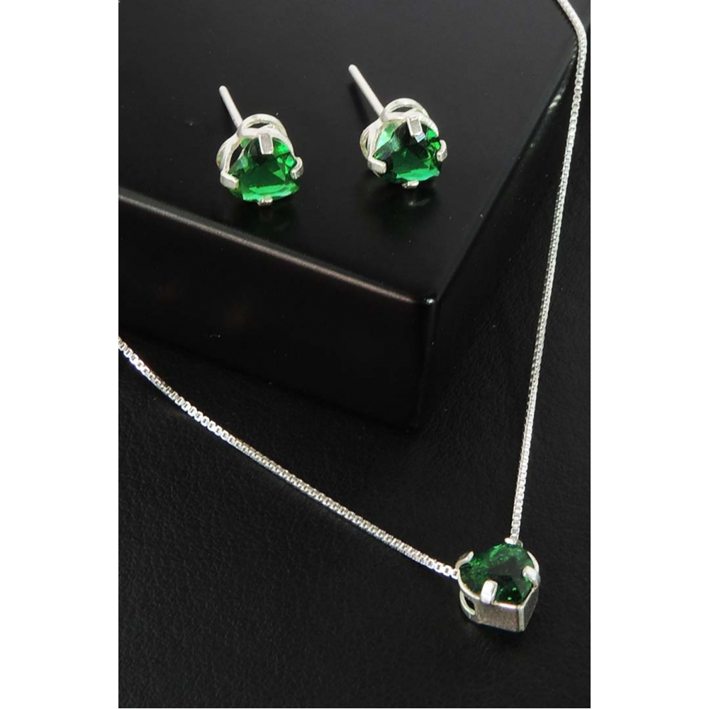 Conjunto Coração com Zircônia Verde em Prata 925