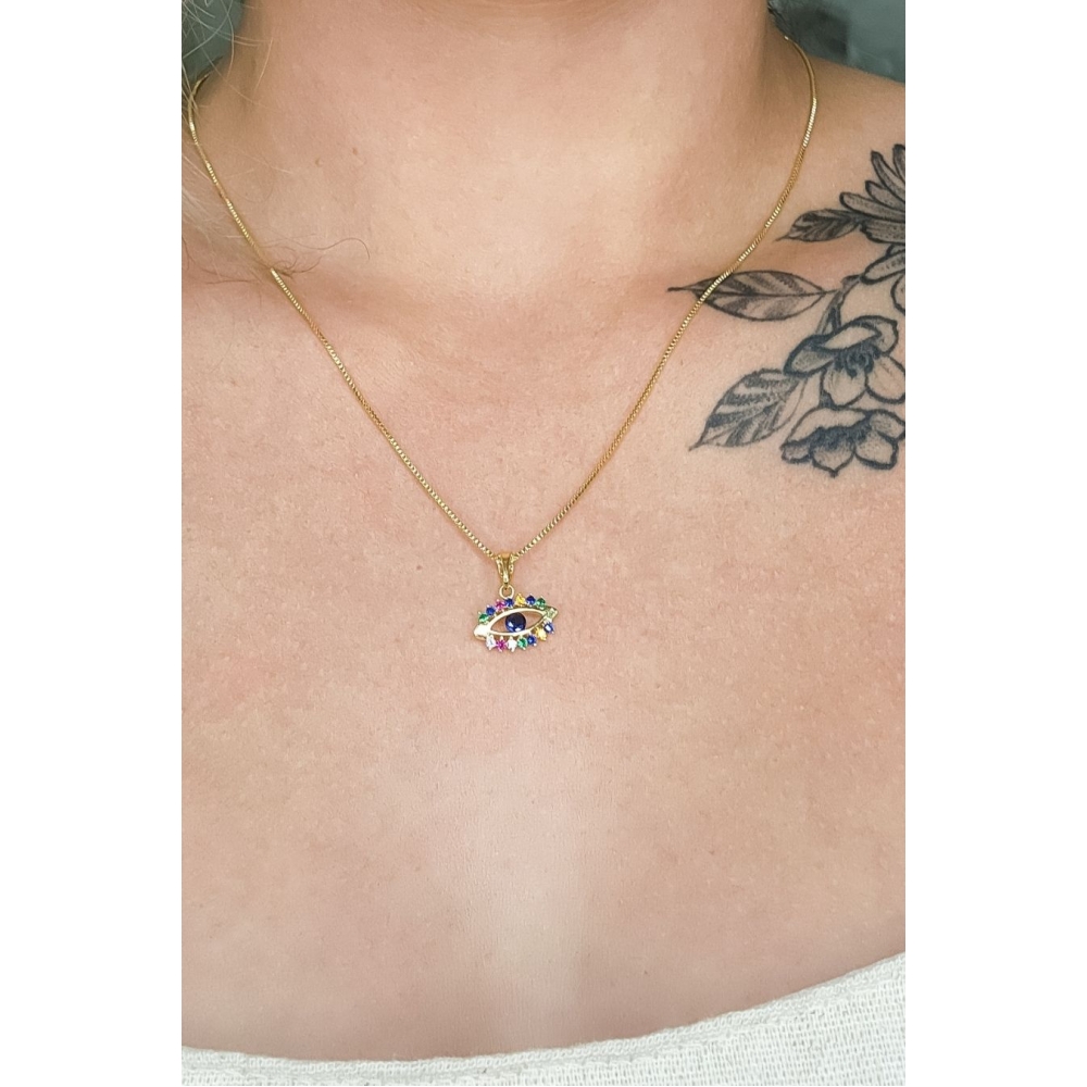 Colar Pingente Olho Grego com Zircônia Multicolor Banhado em Ouro 18k