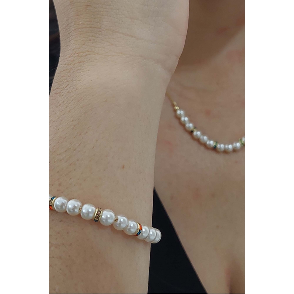 Conjunto de Pulseira e Colar de Pérolas Com Elos de Zircônias Coloridas