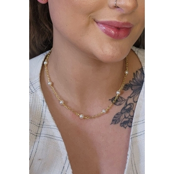 Colar Corrente Americana com Pérolas Banhado em Ouro 18k