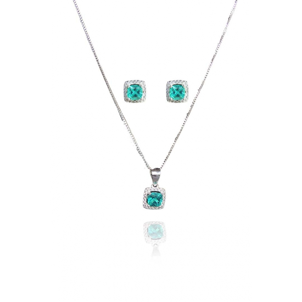Conjunto Quadrado com Zircônia Azul Tiffany em Prata 925