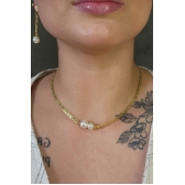 Choker Corrente com Duas Pérolas Grandes Banhado em Ouro 18k