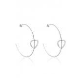 Brinco Argola Grande Fina com Coração Embutido Banhado em Ródio Branco