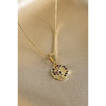 Colar Pingente Árvore da Vida com Zircônias Coloridas Banhado em Ouro 18k