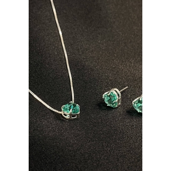 Conjunto Coração com Zircônia Azul Tiffany em Prata 925