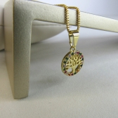 Colar Com Pingente De Circulo Da Árvore Da Vida Com Zircônia Colorida Banhado em Ouro 18k
