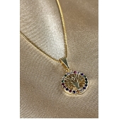 Colar Com Pingente De Circulo Da Árvore Da Vida Com Zircônia Colorida Banhado em Ouro 18k