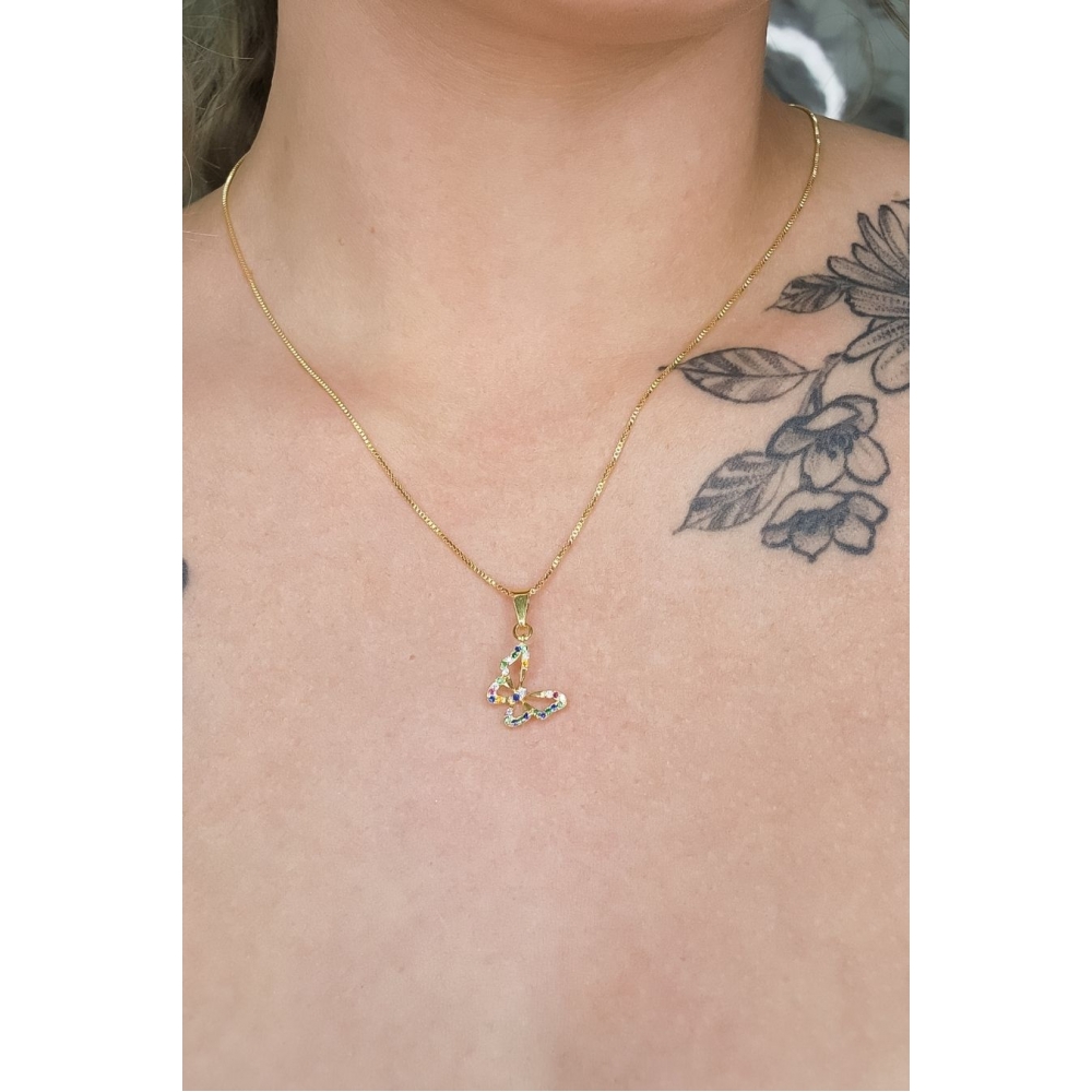 Colar Pingente Borboleta com Zircônia Colorida Banhado em Ouro 18k