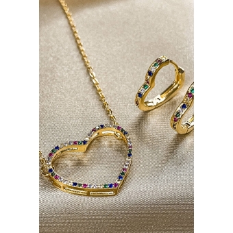 Conjunto de Coração Vazado Cravejado com Zircônias Multicolor Banhado em Ouro 18k