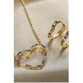 Conjunto de Coração Vazado Cravejado com Zircônias Multicolor Banhado em Ouro 18k