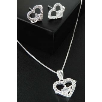 Conjunto Coração Trabalhado com Zircônia em Prata 925