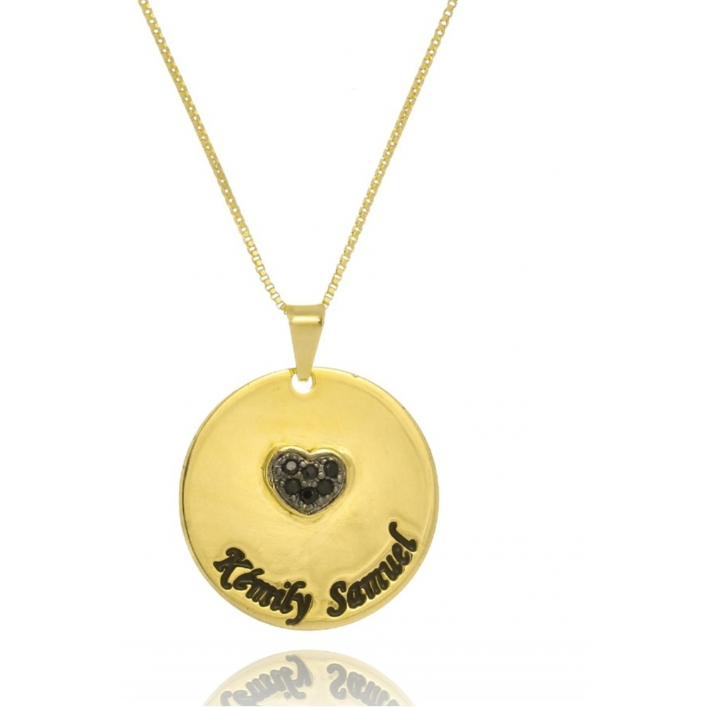 Colar Personalizado Circular Chapado com Coração em Zircônia e Nomes