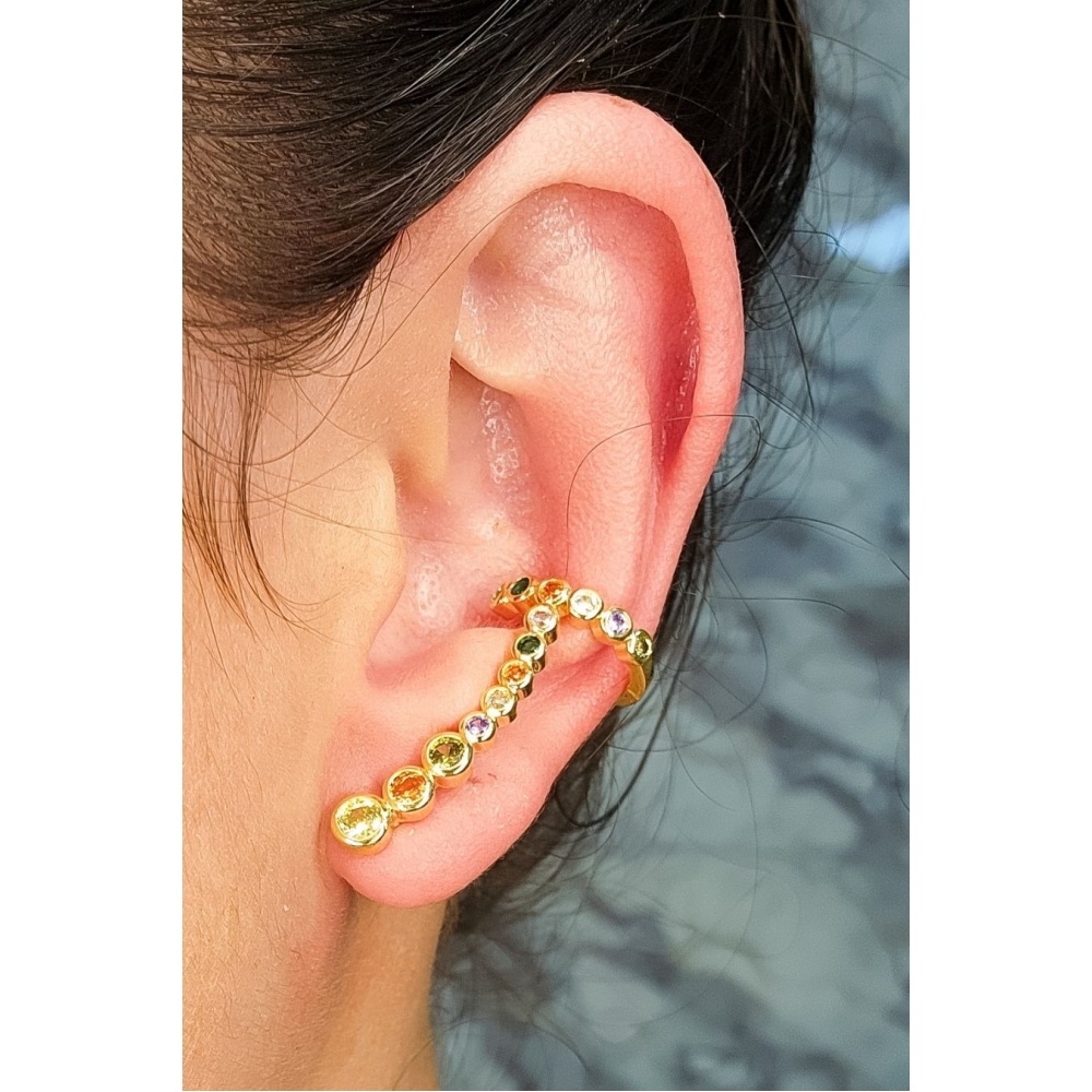 Brinco Ear Cuff com Piercing Fake e Zircônias Colorida Banhado em Ouro 18k