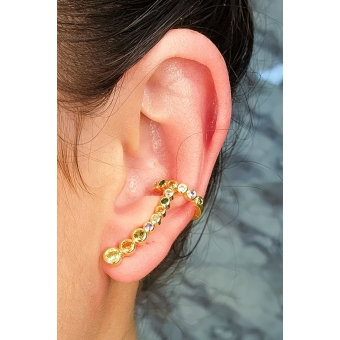 Brinco Ear Cuff com Piercing Fake e Zircônias Colorida Banhado em Ouro 18k
