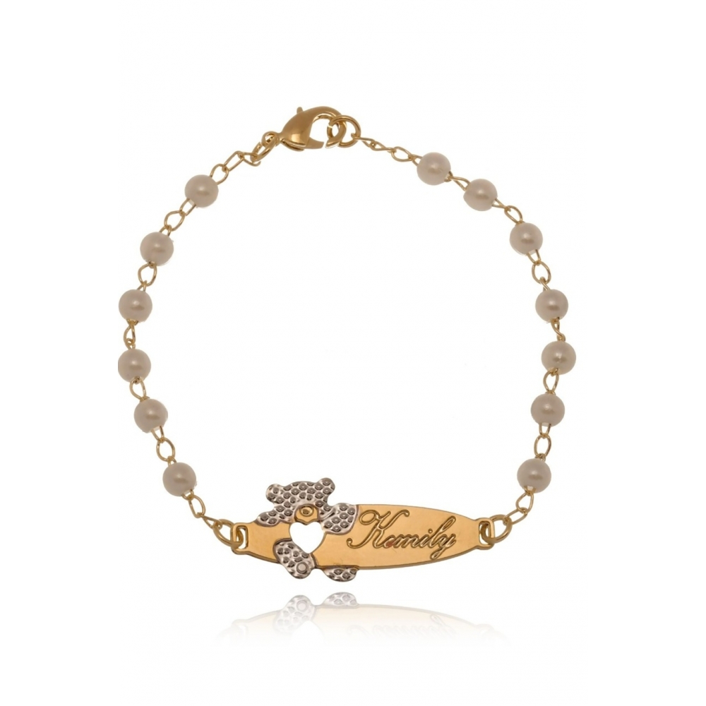 Pulseira Personalizada Perolas Chapada Nome Ursinho Folheada Ouro 18K