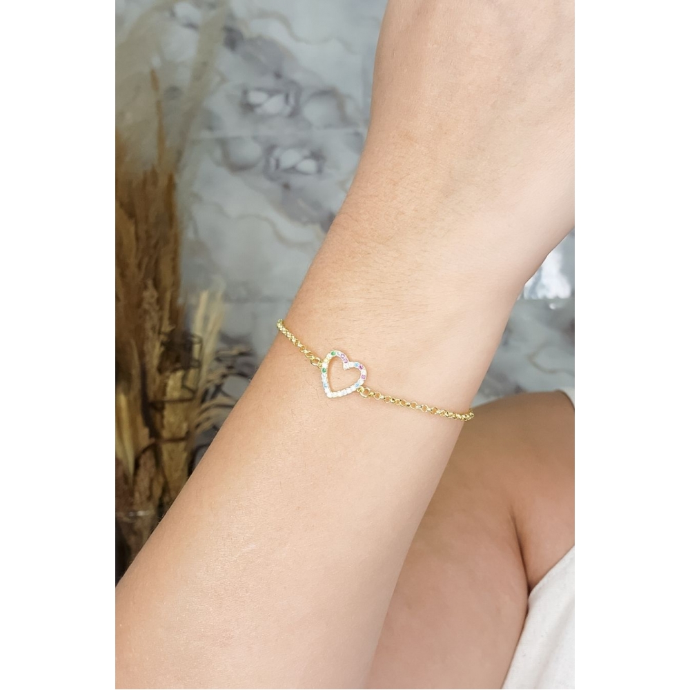 Pulseira Com Pingente De Coração Em Zircônias Coloridas Banhado em Ouro 18k