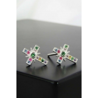 Brinco de Cruz com Zircônias Coloridas em Prata 925