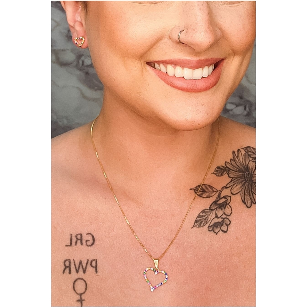Conjunto Corações com Zircônia Colorida Banhado em Ouro 18k