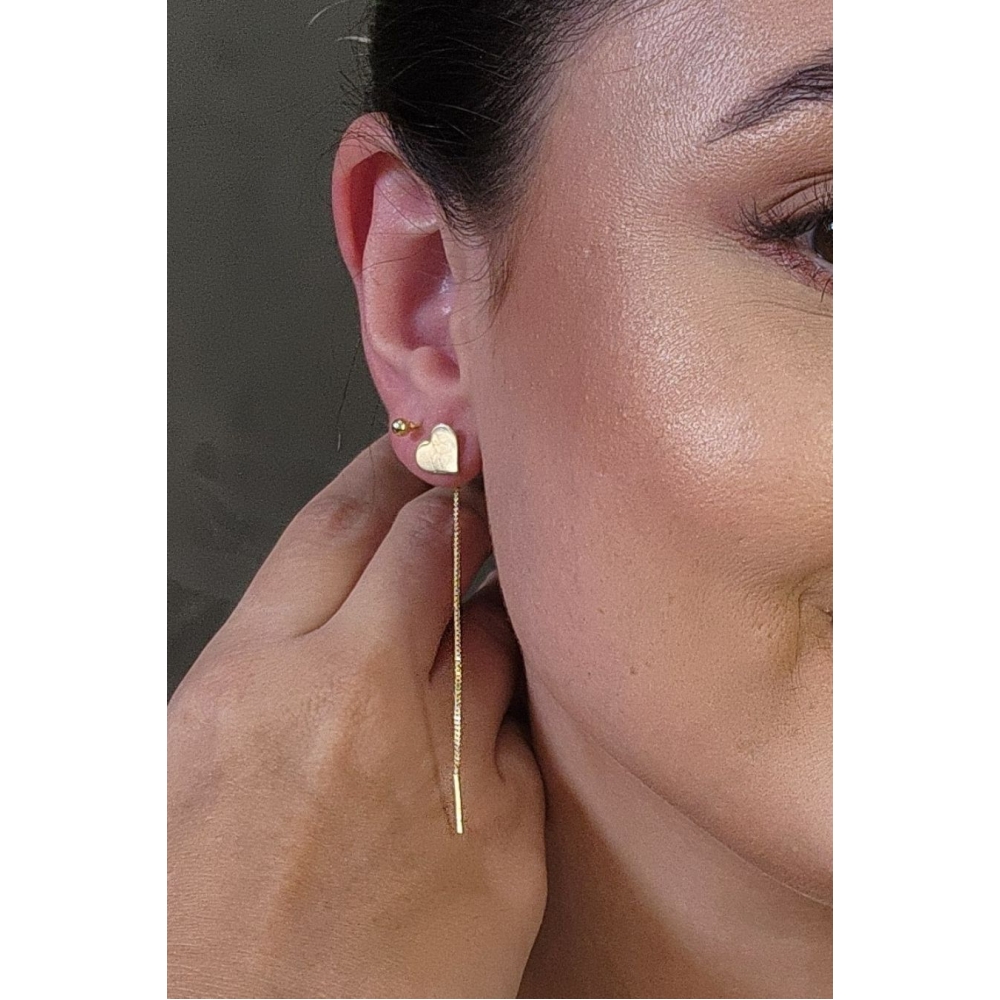 Brinco de Fio com Coração Chapado Banhado em Ouro 18k