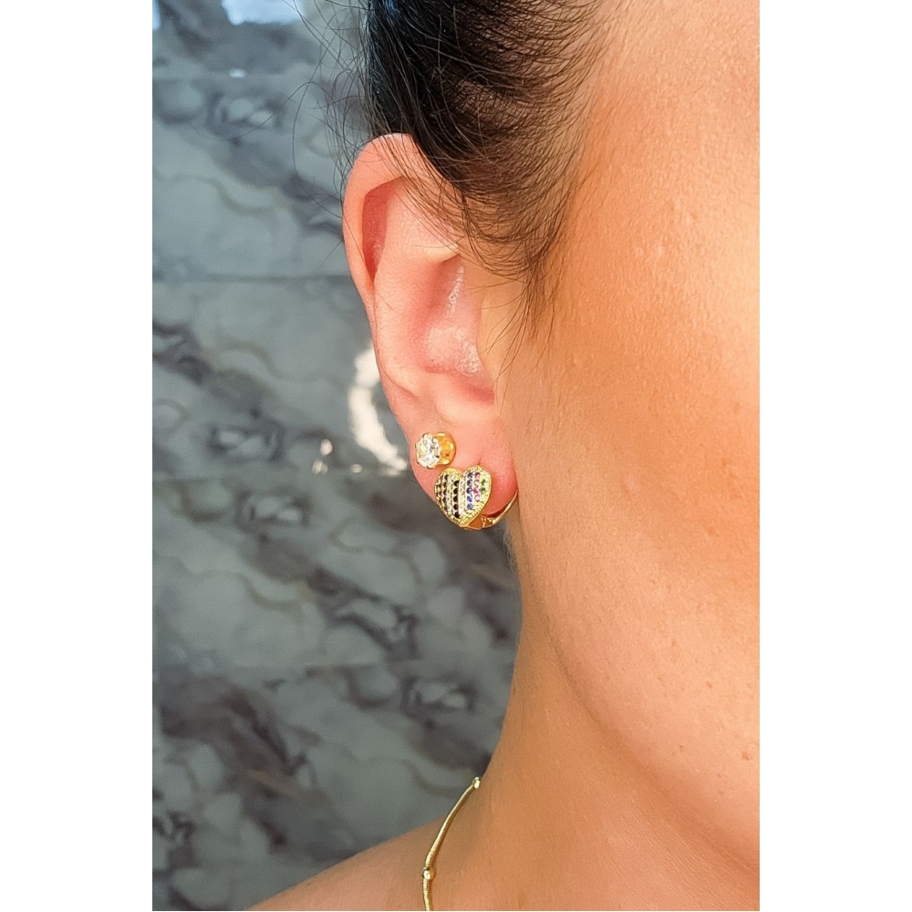Brinco Coração com Mini Zircônias Coloridas Banhado em Ouro 18k