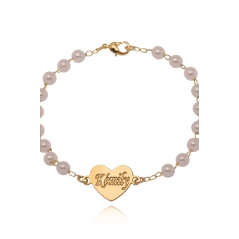 Pulseira de Pérolas com Coração e Nome Gravado Folheado em Ouro 18K