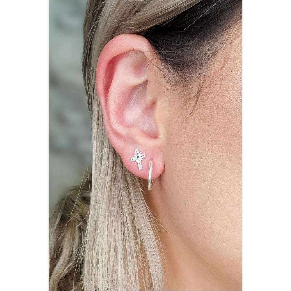 Brinco de Cruz com Zircônias Coloridas em Prata 925