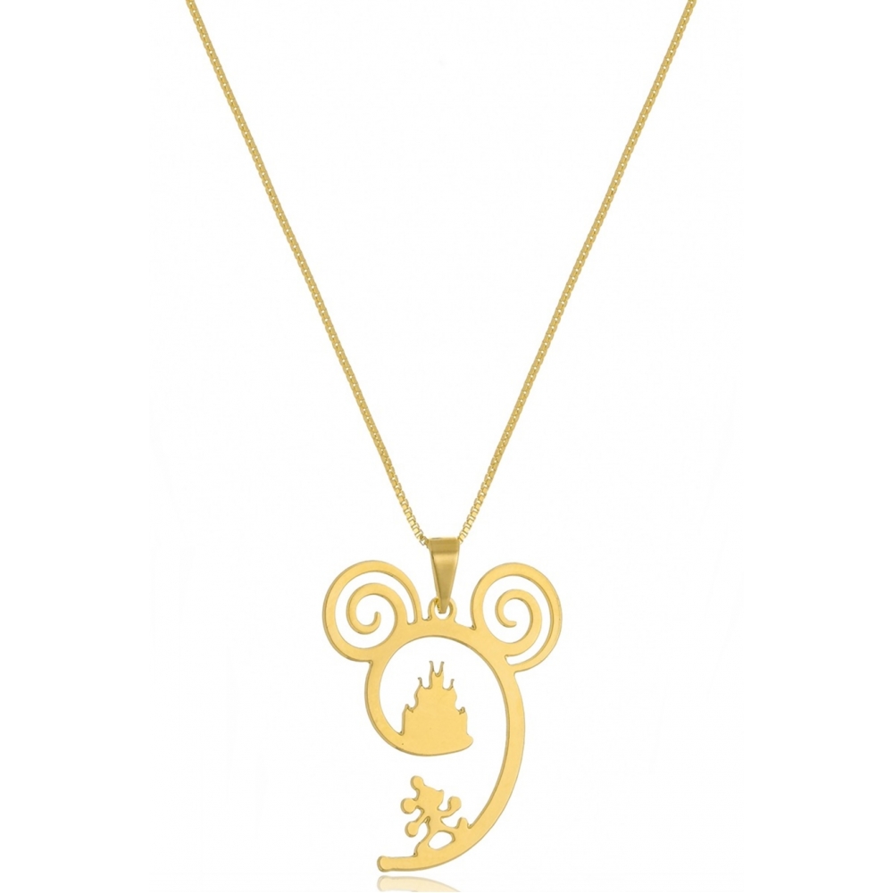 Colar Personalizado Castelo da Disney e Mickey Folheado em Ouro 18k