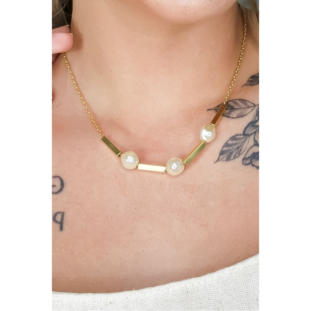 Colar Pérola e Retângulo Banhado em Ouro 18k