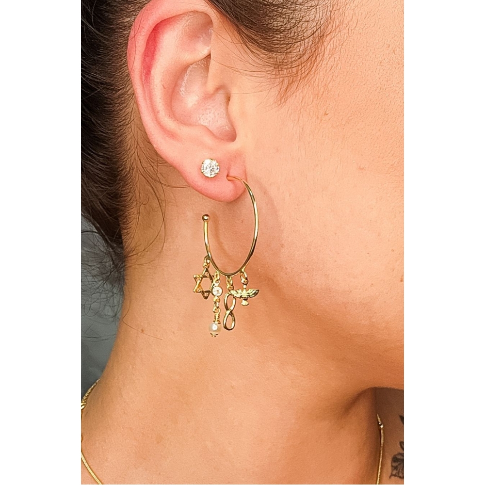 Brinco Argola Médio com Pingente Esotéricos Banhado em Ouro 18k