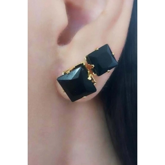 Duo Quadrado de Zircônias Grande Preto Banhado em Ouro 18k