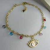 Pulseira Olho Grego Com Zircônias Coloridas Banhado em Ouro 18k